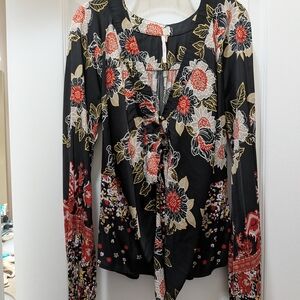 Free People Black Floral Tie-Front Tunic with Red and Cream Accents